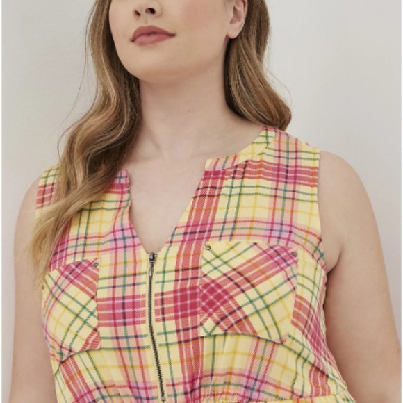 TORRID YELLOW & PINK PLAID MINI CHALLIS ZIP-FRONT SHIRT DRESS 3X NWT - Picture 2 of 6